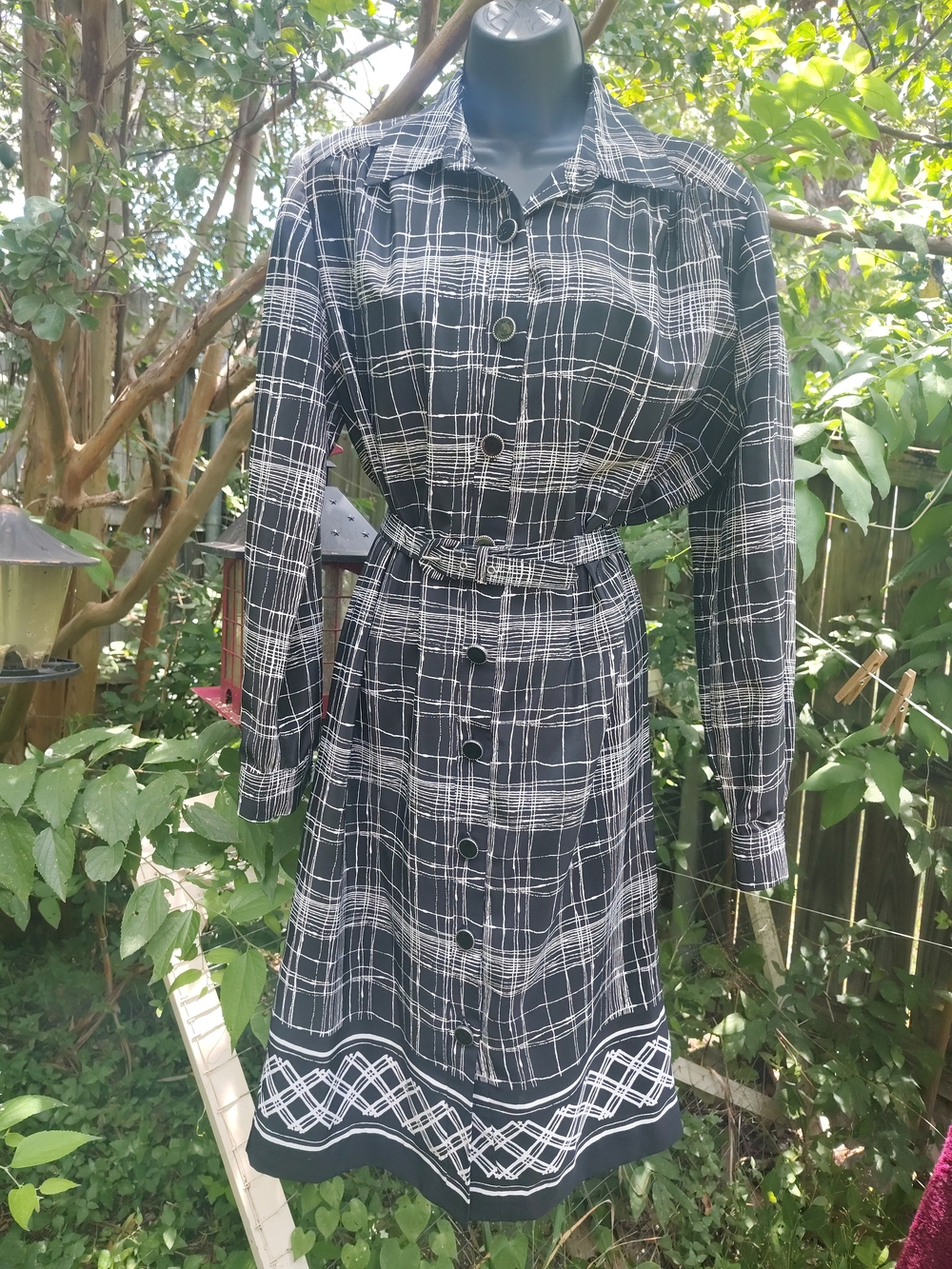 Leslie Fay Black and White Plaid 80's Secretary Long-Sleeve Shirt Dress